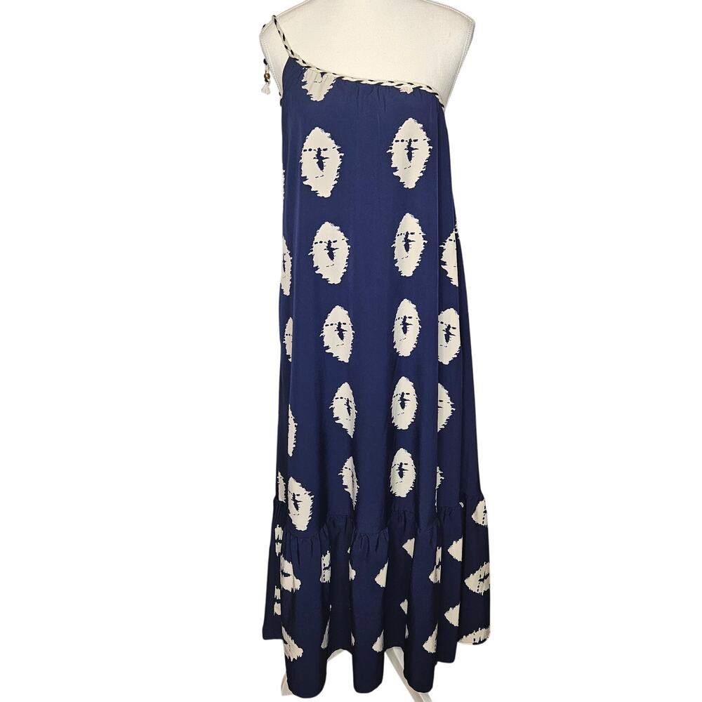 Pretty Garden One shoulder Maxi Dress Navy White -S- B42 L46 Roomy Stretchy H22